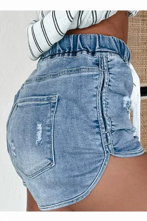 Azura Exchange Womens Myosotis Drawstring High Waist Distressed Denim Shorts - Cotton - Size 10 UK