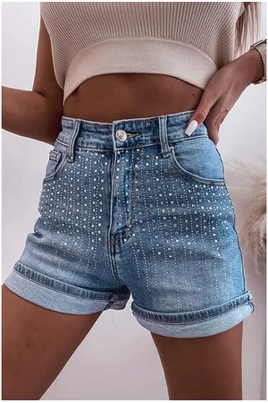 Azura Exchange Womens Ashleigh Rhinestone Embellished Denim Shorts Cotton - Size 16 UK