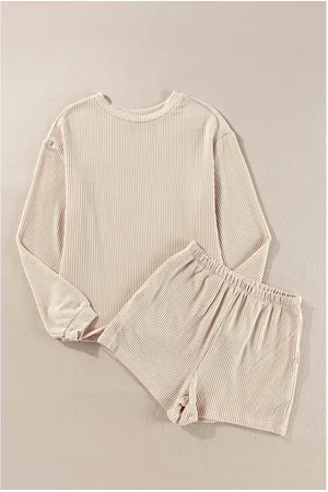 Azura Exchange Womens Parchment Corded Knit Long Sleeve Top and High Waist Shorts Set - - Size Medium