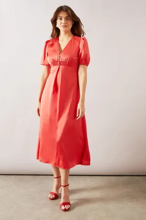 wallis Womens Satin Puff Sleeve Button Midaxi Dress - - Size 14 UK