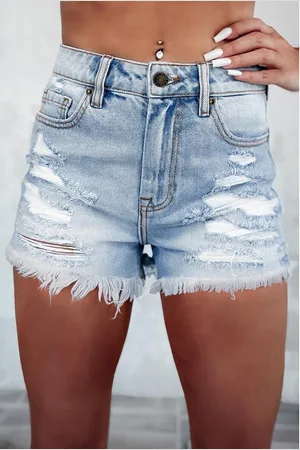 Azura Exchange Womens Distressed Ripped Raw Hem High Waist Denim Shorts Cotton - Size 12 UK