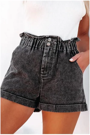 Azura Exchange Womens Vintage Washed Frilled High Waist Denim Shorts Cotton - Size 16 UK