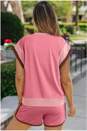 Azura Exchange Womens Blossom Contrast Trim Cap Sleeve Tee Shorts Set - Size Large