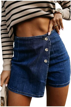 Azura Exchange Womens Bluing Asymmetric Wrapped Buttoned High Waist Denim Shorts - Cotton - Size 12 UK