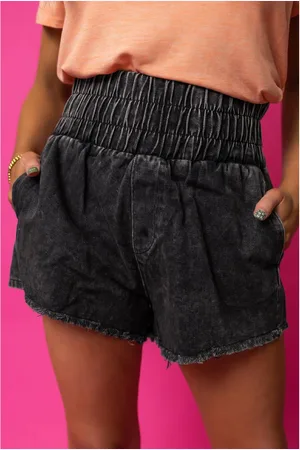 Azura Exchange Womens Smocked High Waist Mineral Washed Jean Shorts Cotton - Size 18 UK