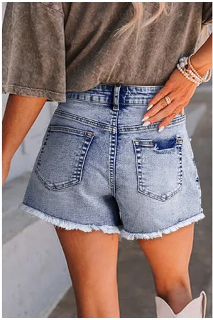 Azura Exchange Womens Beau Pearl Studded Pockets Raw Hem Denim Shorts Cotton - Size 12 UK