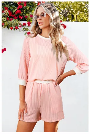 Azura Exchange Womens Corded Colorblock Long Sleeve Top and Shorts Set - Size X-Large