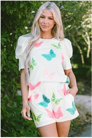 Azura Exchange Womens Colorful Sequin Butterfly Puff Sleeve Top Shorts Set Cotton - Size Large