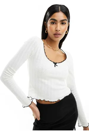 ASOS Womens pointelle top with contrast lettuce hem- - Size Small