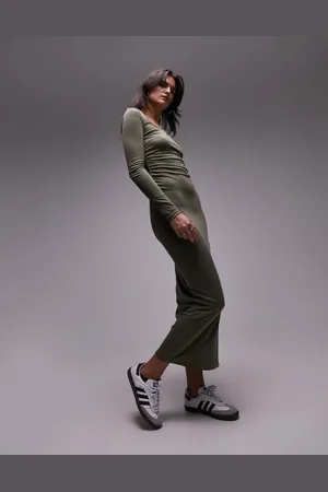 Topshop Womens long sleeve super soft midi dress in -Green - Size Large