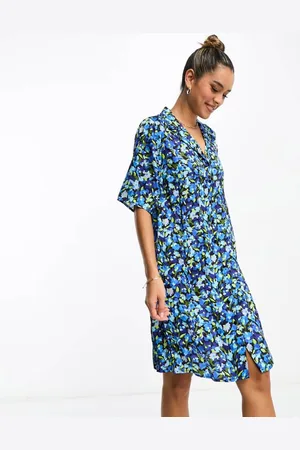 Y.A.S Womens shirt dress in blue floral print - - Size X-Small