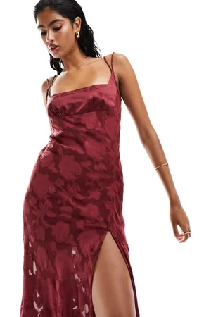 ASOS Womens jacquard double strap maxi dress with hook and eye split in -Red - Size 16 UK
