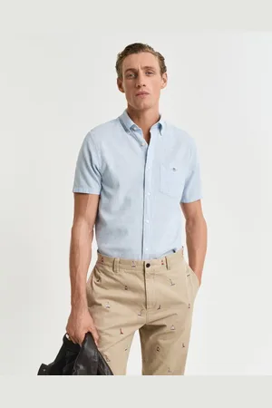 GANT Mens Regular Fit Cotton Linen Short Sleeve Shirt with Embroidered Shield - - Size Medium
