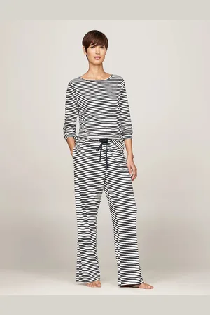 Tommy Hilfiger MONOTYPE Womens Pyjama Set Mini Bretton Stripe Desert Sky - - Size Large
