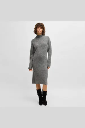 HUGO BOSS Womens C_Fagdassy Long Sleeve Relaxed-Fit Dress in Wool - Size Small