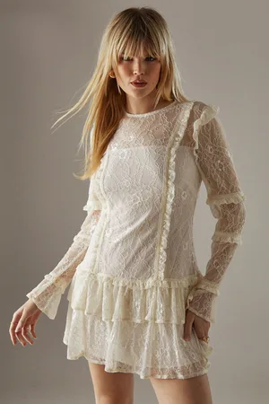 warehouse Womens Lace Ruffle Insert Mini Dress - - Size 6 UK