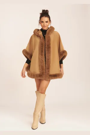 Gini London Womens Soft Fur Trim Hooded Oversized Cape - - Size L/XL