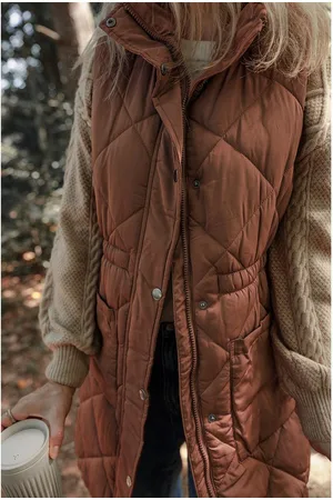 Azura Exchange Womens Coffee Longline Quilted Stand Collar Puffer Vest - - Size X-Large