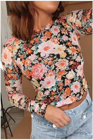 Azura Exchange Womens Floral Mesh Slim Long Sleeve Crop Top - Size Small
