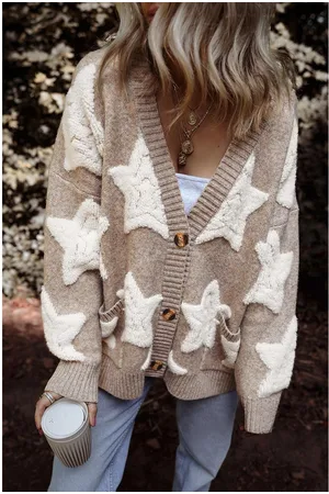 Azura Exchange Womens Sherpa Star Pattern Textured Sweater Cardigan with Pockets - Size Small
