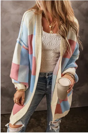Azura Exchange Womens Checkered Drop Shoulder Exposed Seam Open Front Cardigan Viscose - Size Large