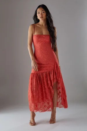 warehouse Womens Petite Lace Strappy Drop Waist Ruffle Midi Dress - - Size 12 UK