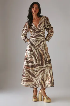warehouse Womens Metallic Jacquard Ruched Sleeve Plunge Neck Bias Midi Dress - Viscose - Size 8 UK