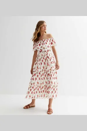 Gini London Womens Rose Print Pleated Tiered Bardot Midaxi Dress - - Size 12 UK