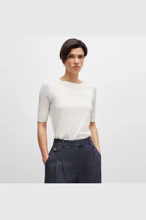 HUGO BOSS Womens Eleanza Short Sleeve Silk Top in - Size Large