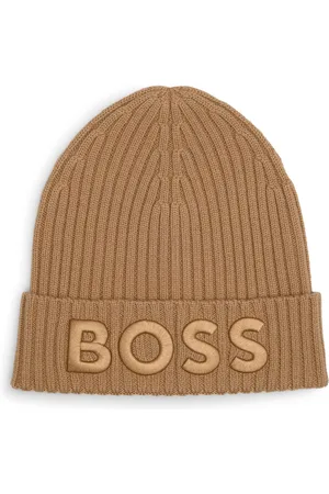 HUGO BOSS Womens Accessories Lara Embroidered Logo Beanie in Beige - Wool - One Size