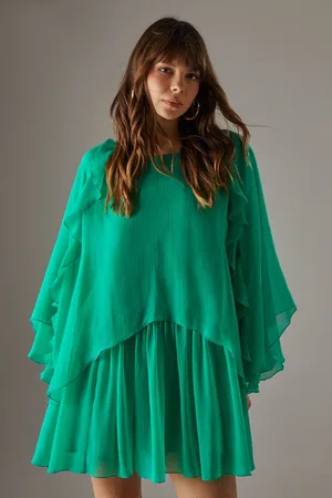 warehouse Womens Chiffon Ruffle Flared Sleeve Mini Smock Cape Dress - - Size 8 UK