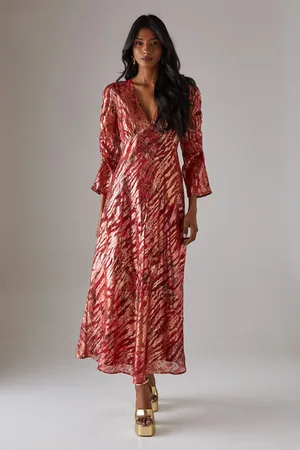 warehouse Womens Metallic Jacquard Ruched Sleeve Plunge Neck Bias Midi Dress - Viscose - Size 6 UK