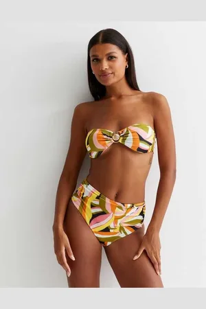 Gini London Womens Tropical Palm Bandeau Top with Shell & High Waisted Ruched Bottoms - - Size 8 UK