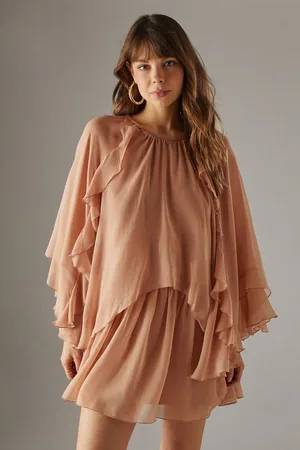 warehouse Womens Chiffon Ruffle Flared Sleeve Mini Smock Cape Dress - - Size 10 UK