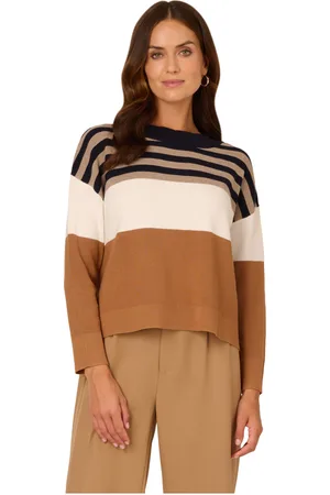 Adrianna Papell Womens Dropped Shoulder Boat Neck Color Blocked Long Sleeve Sweater - - Size Small