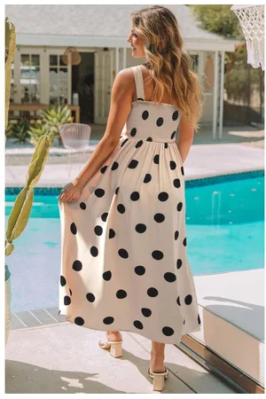 Azura Exchange Womens Oatmeal Polka Dot Smocked Fit Flared Sleeveless Long Dress - - Size Medium