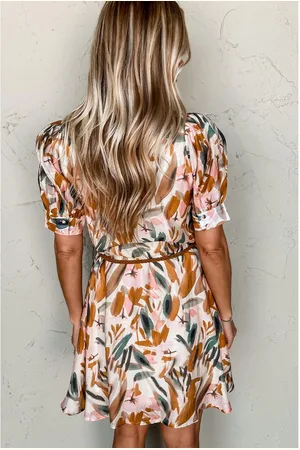 Azura Exchange Womens Abstract Printed Puff Sleeve Button Up Braided Belt Mini Dress - Size Small