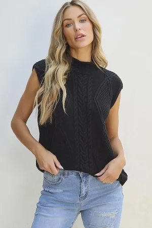 Azura Exchange Womens Solid Color Cable Knit High Neck Sweater Vest Cotton - Size Large
