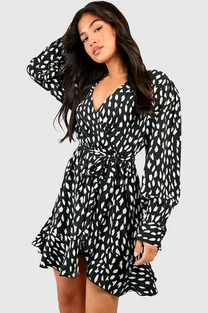 Boohoo Womens Petite Smudge Print Ruffle Woven Wrap Dress - - Size 12 UK