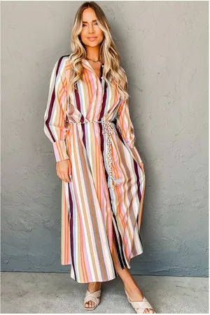 Azura Exchange Womens Multicolor Striped Cuffed Sleeve Tassel Tied Shirt Maxi Dress - Size Large