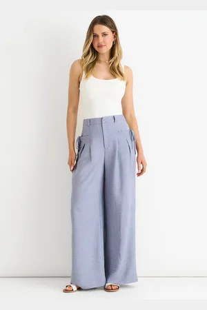 Gini London Womens Linen Look High Waist Wide Leg Trousers - - Size 12 UK