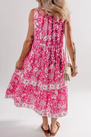 Azura Exchange Womens Floral Sleeveless Tasseled Lace-up Neck Tiered Midi Dress - Size Small