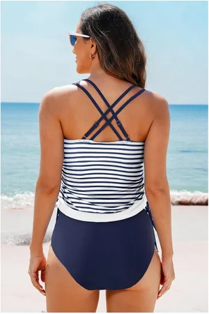 Azura Exchange Womens Stripe Drawstring Tummy Control Mix-and-match 2pcs Tankini Swimsuit Polyamide - Size Medium
