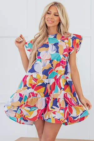 Azura Exchange Womens Abstract Printed Ruffled Flutter Sleeve Tiered Mini Dress Cotton - Size Large