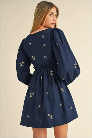 Azura Exchange Womens Floral Embroidered Square Neck Puff Sleeve Ruffled Mini Dress Cotton - Size Large