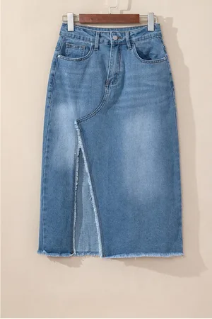Azura Exchange Womens Frayed Slit Asymmetric Denim Midi Skirt Cotton - Size X-Large