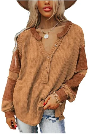 Azura Exchange Womens Waffle Knit Henley Tunic Long Sleeve Top Relaxed Fit - - Size Medium
