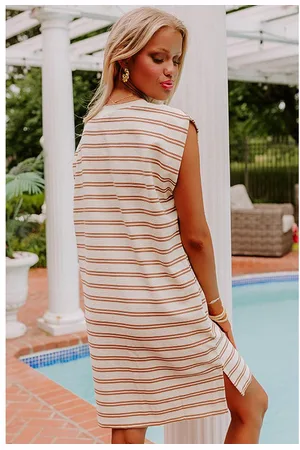 Azura Exchange Womens Stripe Round Neck Sleeveless Casual Pocketed Mini Dress - Size Large