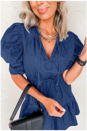 Azura Exchange Womens Drawstring High Waist Puff Sleeve Denim Mini Dress Cotton - Size X-Large