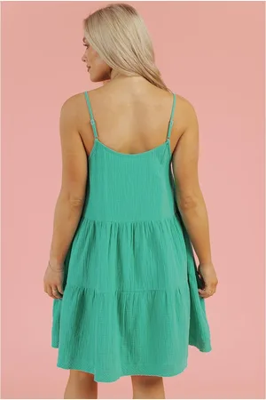 Azura Exchange Womens Sea Textured Buttoned Thin Strap Tiered Loose Fit Mini Dress Cotton - Size Small